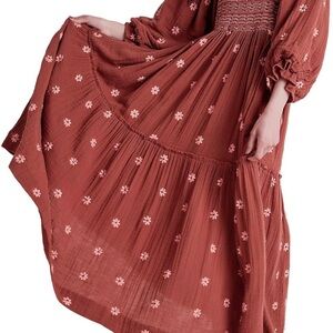 Boho Tiered Maxi Dress with Embroidered Flowers - Orange Rust - Size Medium